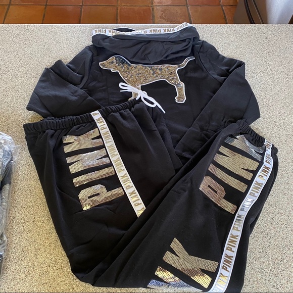 Vs pink sequin bling cozy pullover bling classic pant rare last set - Picture 2 of 15